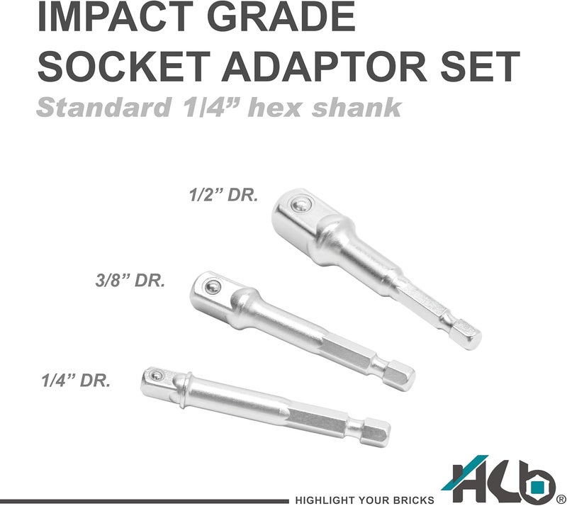 hb+ 3-Piece Socket Adapter Set AAM001-U | 1/4" Hex Shank Impact Driver Drill Adapters | 1/4", 3/8", 1/2" Drive | Chrome Vanadium Steel with Spring-Loaded Detent Ball | Professional Tools Made in Taiwan - Image 2